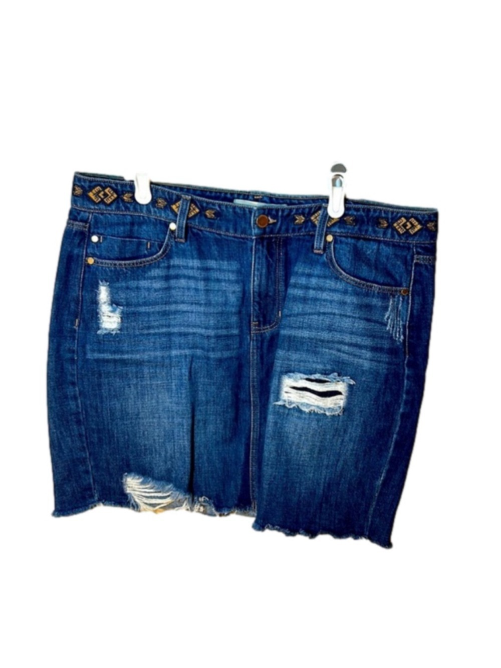 Liverpool embroidered distressed jean skirt denim Size 12 aztec coastal cowgirl